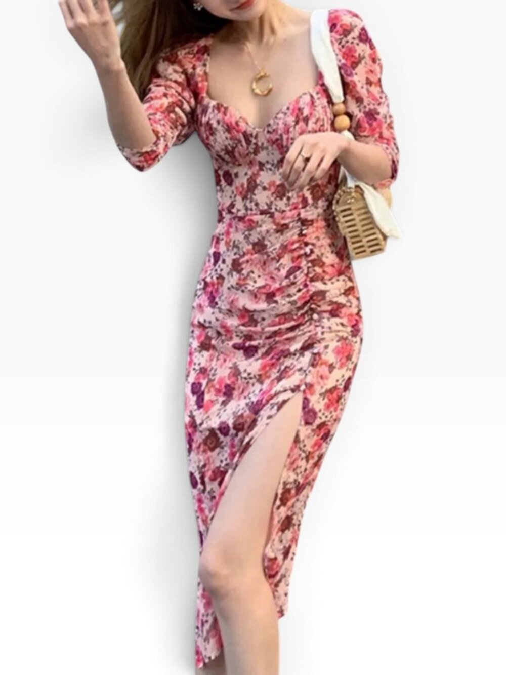 Pink Floral Ruched Chiffon Midi Dress Size XS